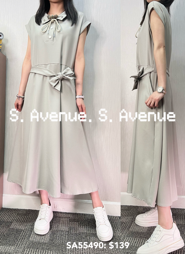 SA55490: 短袖領有鈕腰綁帶顯瘦op