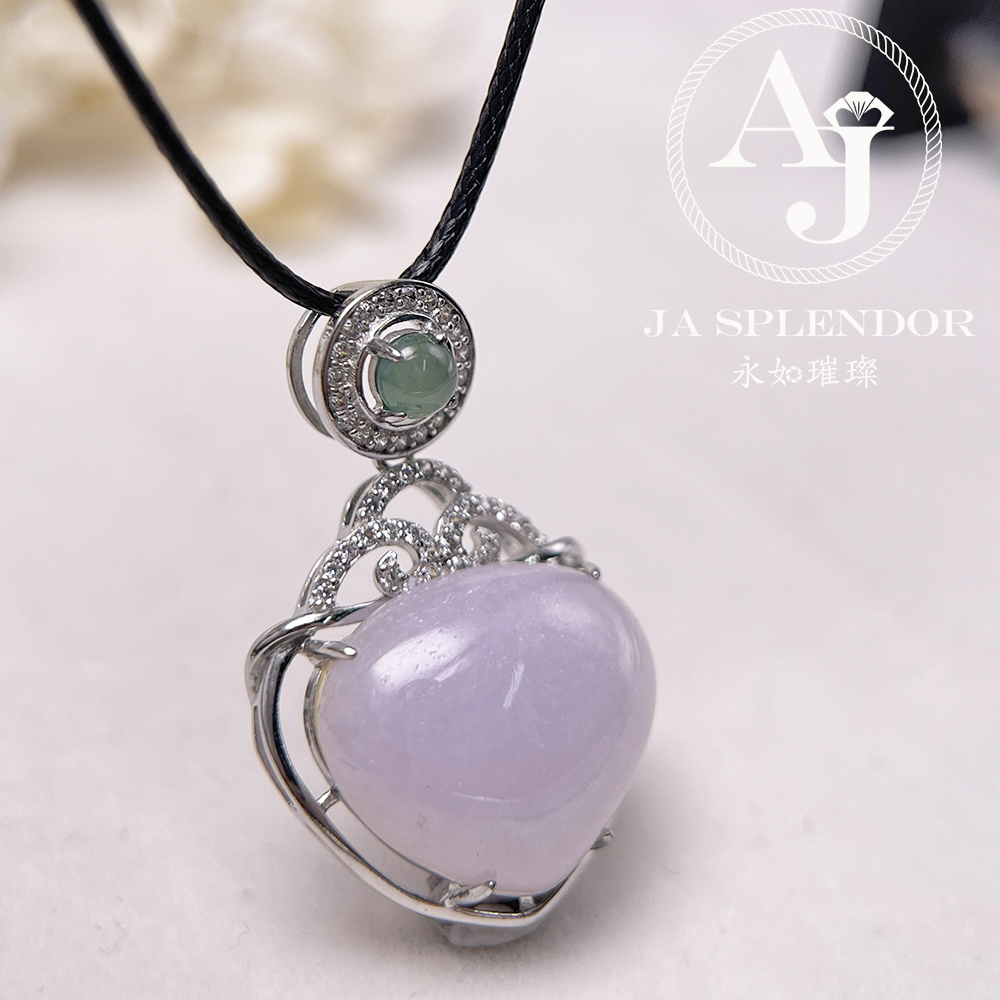 JNS-49 天然翡翠A 冰潤紫羅蘭心心相印綠色頂珠吊墜