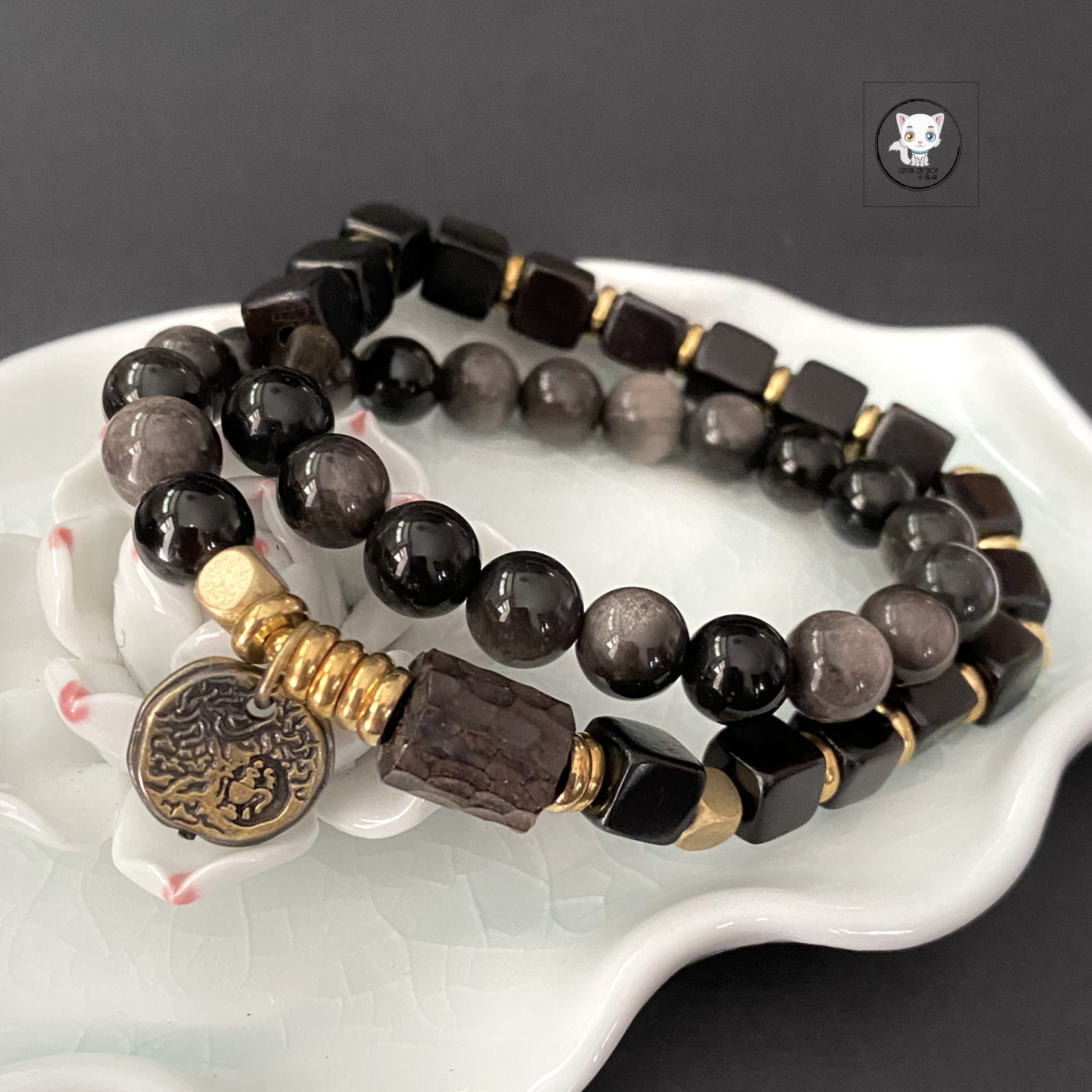 銀曜石黑檀木兩圈手鏈 8mm