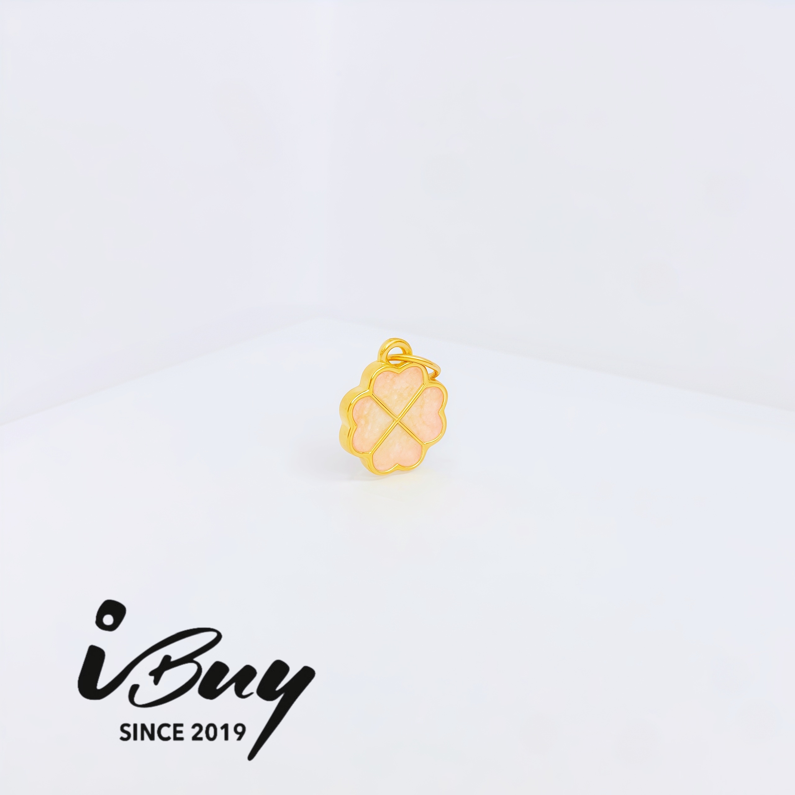 999 GOLD ENAMEL 4 PETAL HEART SHAPPED FLOWER PENDANT - PINK 999 金 珐琅四瓣爱心花 - 粉