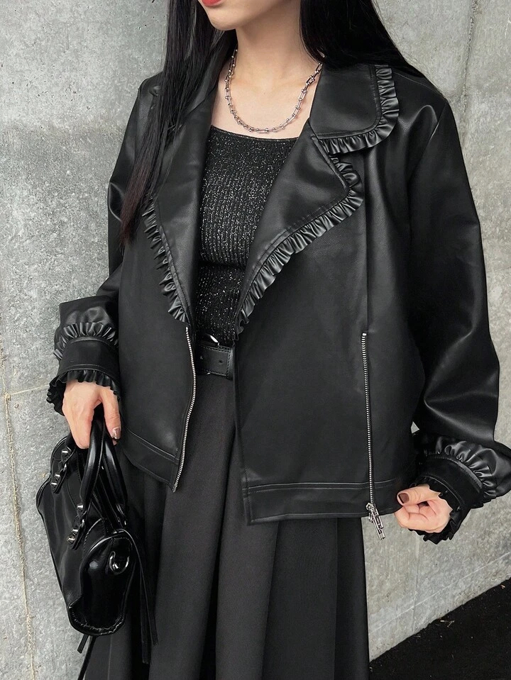 荷葉邊裝飾黑色人造皮革外套