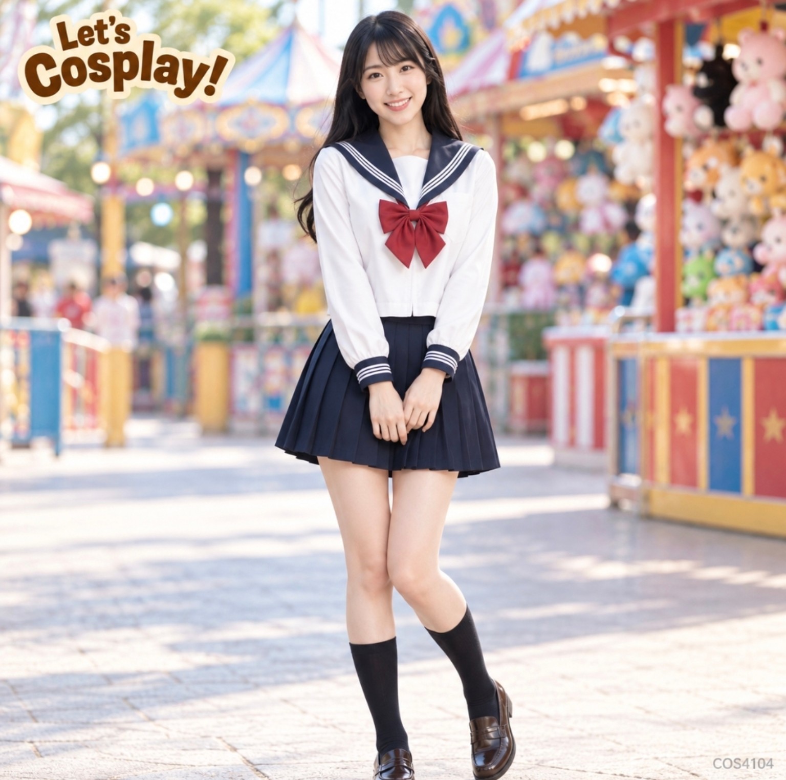 Lets Cosplay 成人女士日系藍白水手服套裝｜紅蝴蝶結百褶裙 JK制服 Cosplay