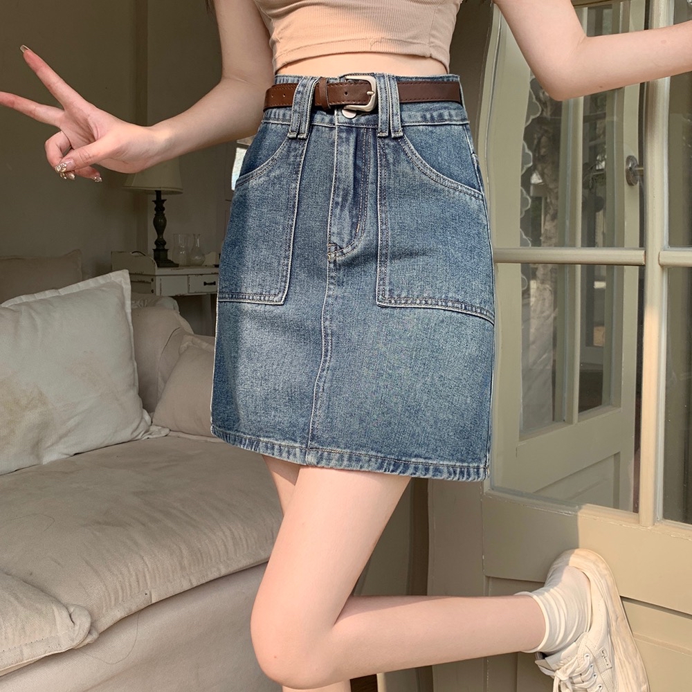 B125(1928) 韩版JEANS直角口袋边双银钮黑蓝短裙