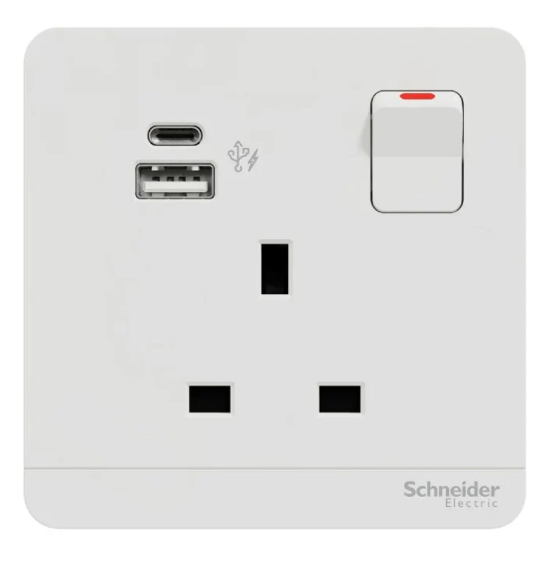 Schneider 施耐德 奐尚 13A單位連保護門有掣雙極插座連兩位USB充電插座Type A+C