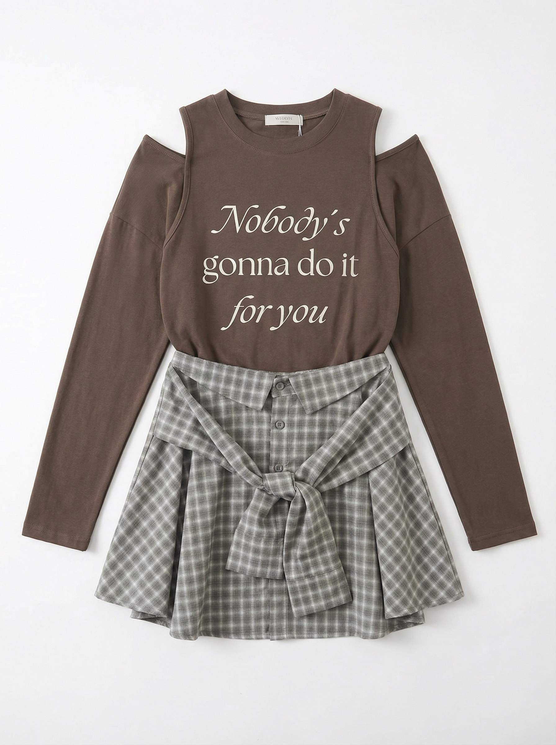 文字開衩長袖上衣＋格紋蝴蝶結百褶短裙褲套裝