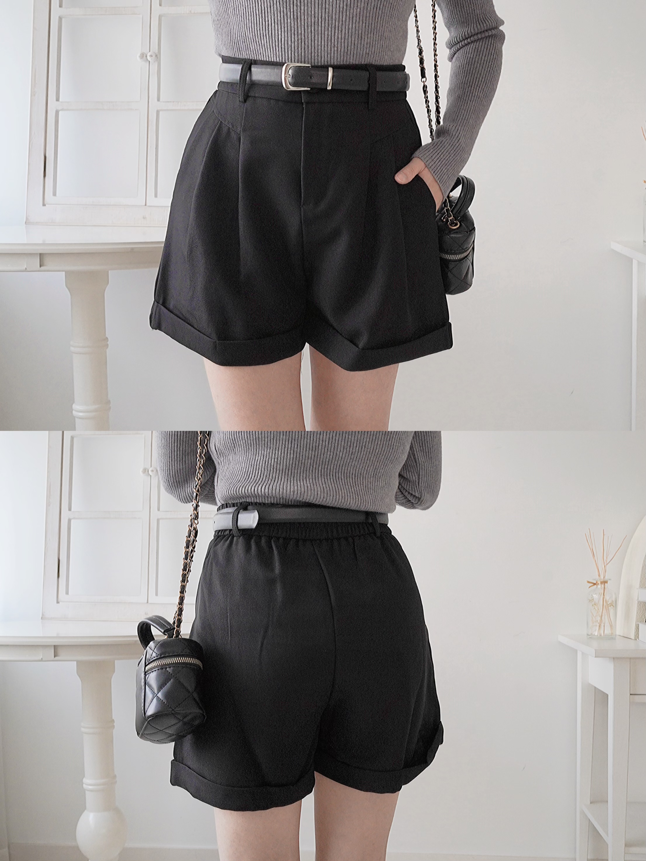 彈性腰圍捲邊短褲(KR)黑色(S-M)314424