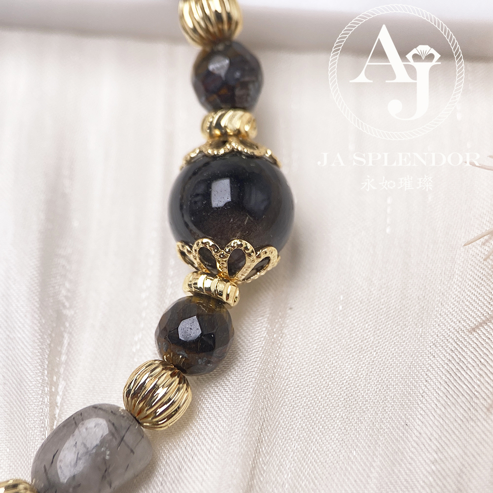 CY-03 黑髮晶銀曜黃虎眼14K包金水晶手鏈