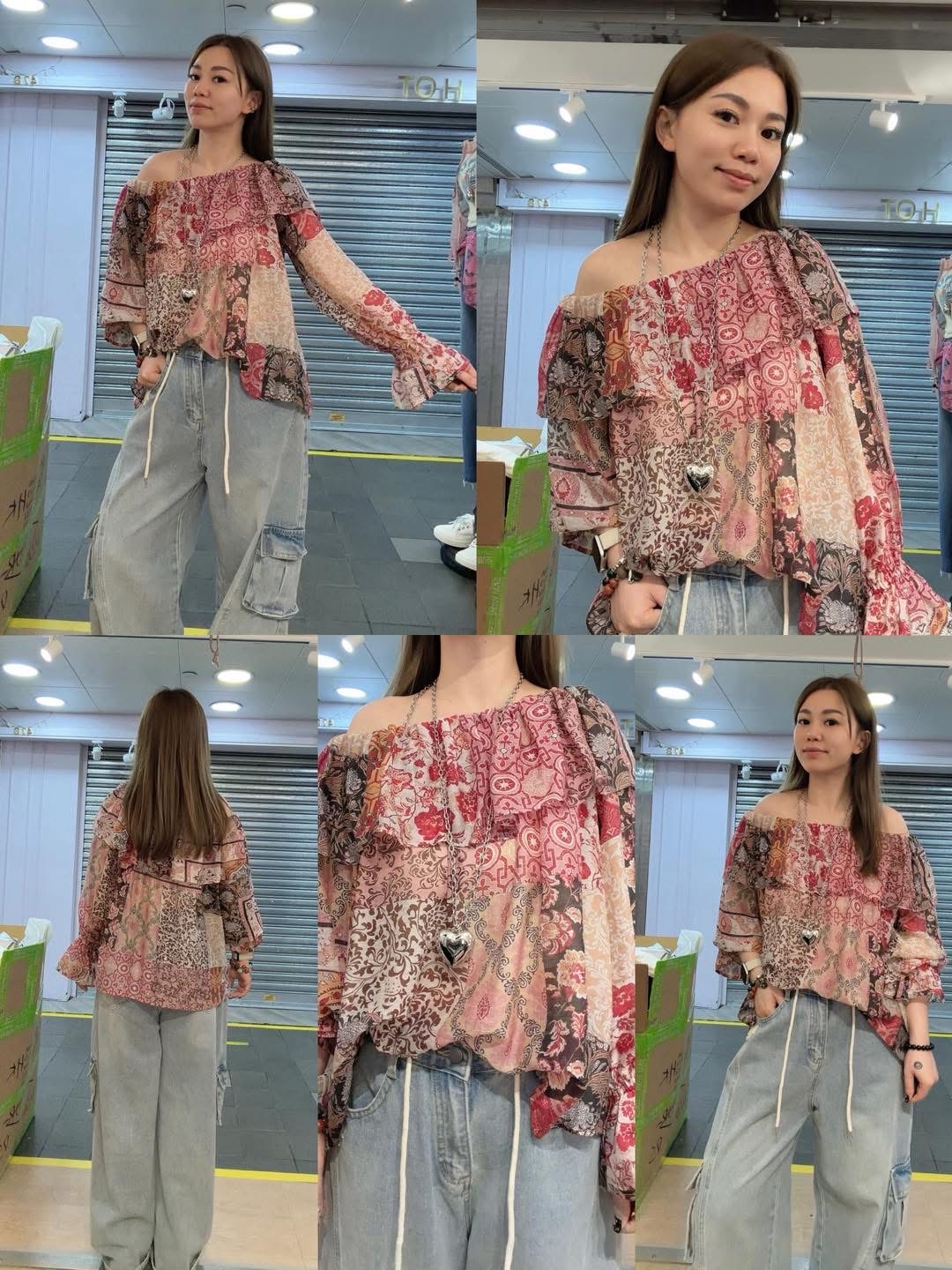 T13-百家花布ruffle一字肩top