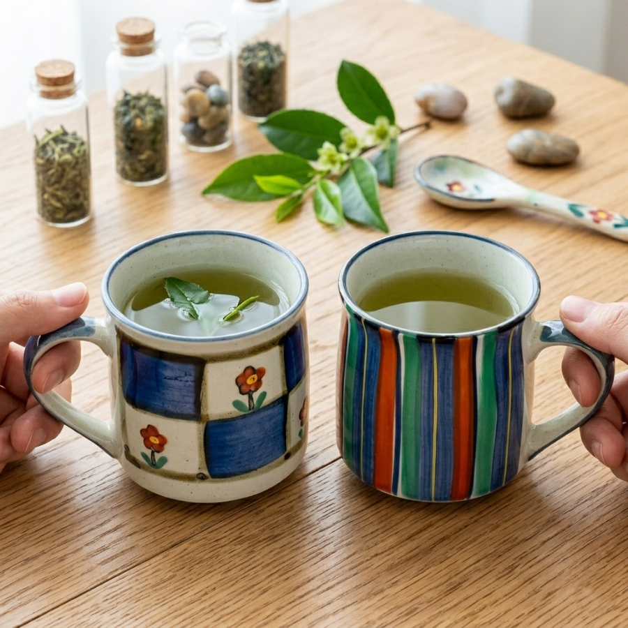 【日本製】美濃燒陶瓷條子小花駌鴦馬克杯套裝 (290ml @)