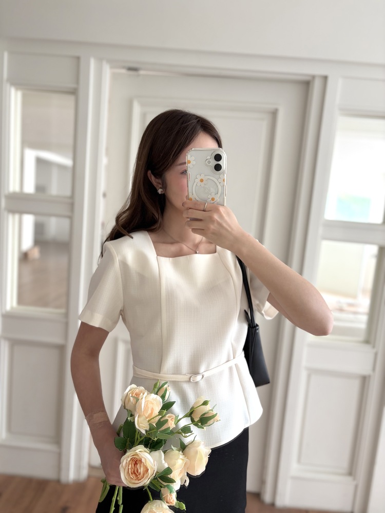 Square Neck Belted Blouse (Ivory)