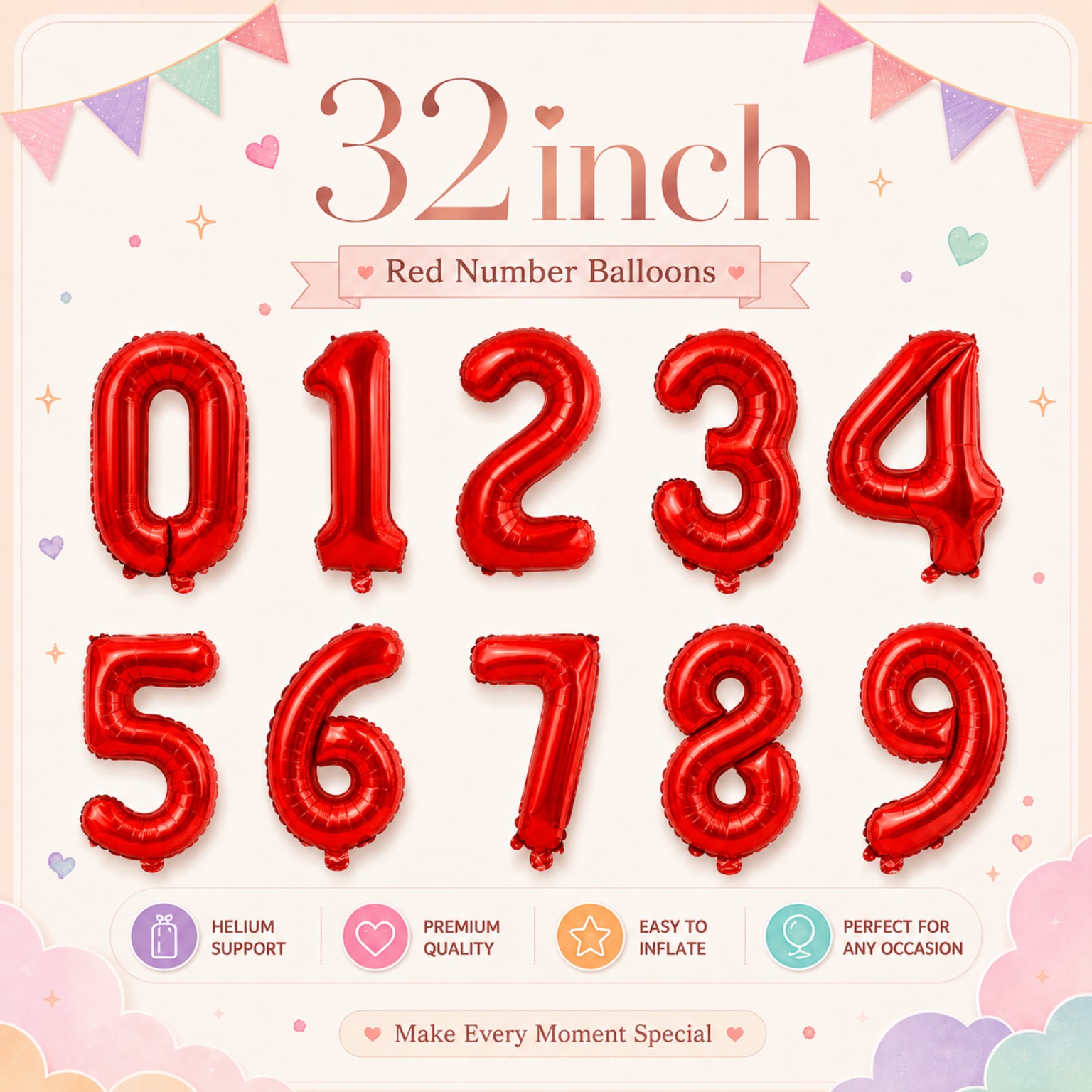 【0–9可選】32吋紅色數字鋁膜氣球｜生日派對・周年紀念・求婚佈置