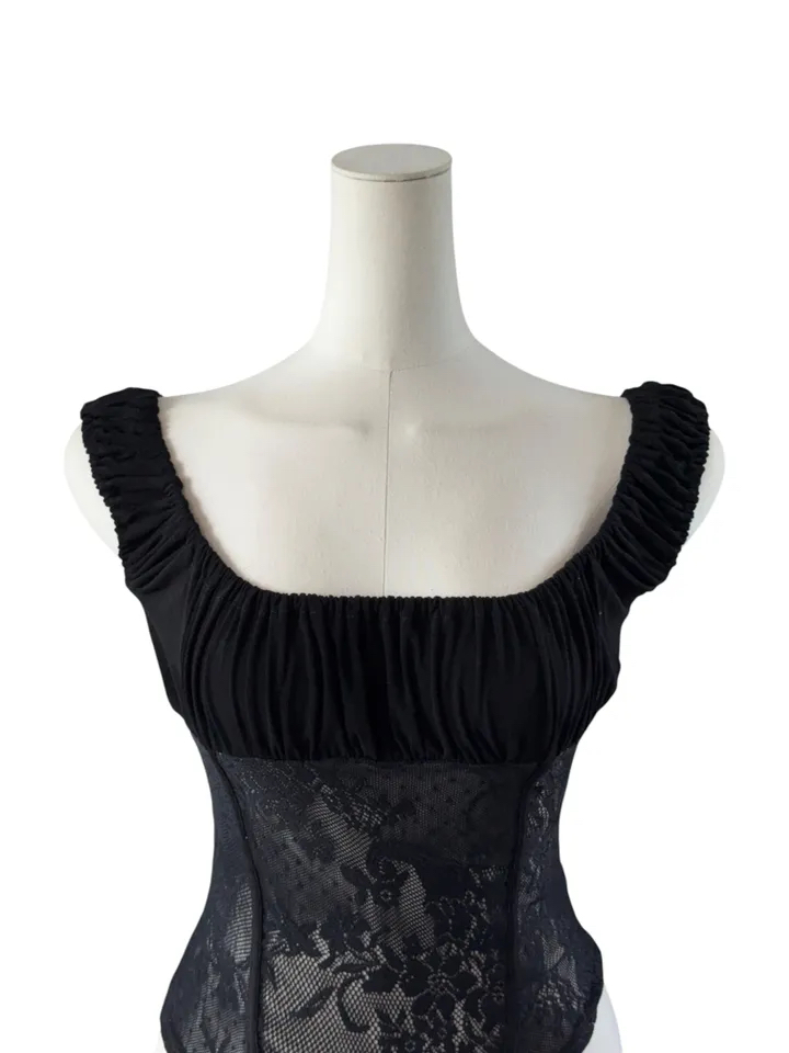 Ruched Sheer Lace Panel Corset Top