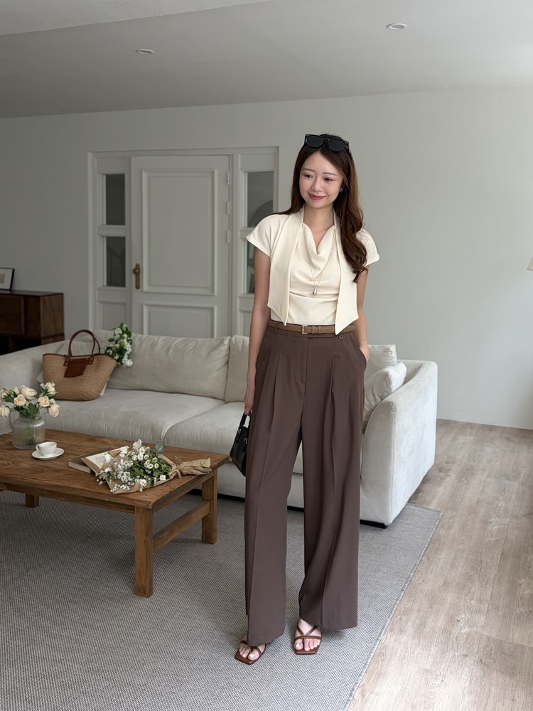 [極薄!] Strap Detail Pleated Pants (Brown)