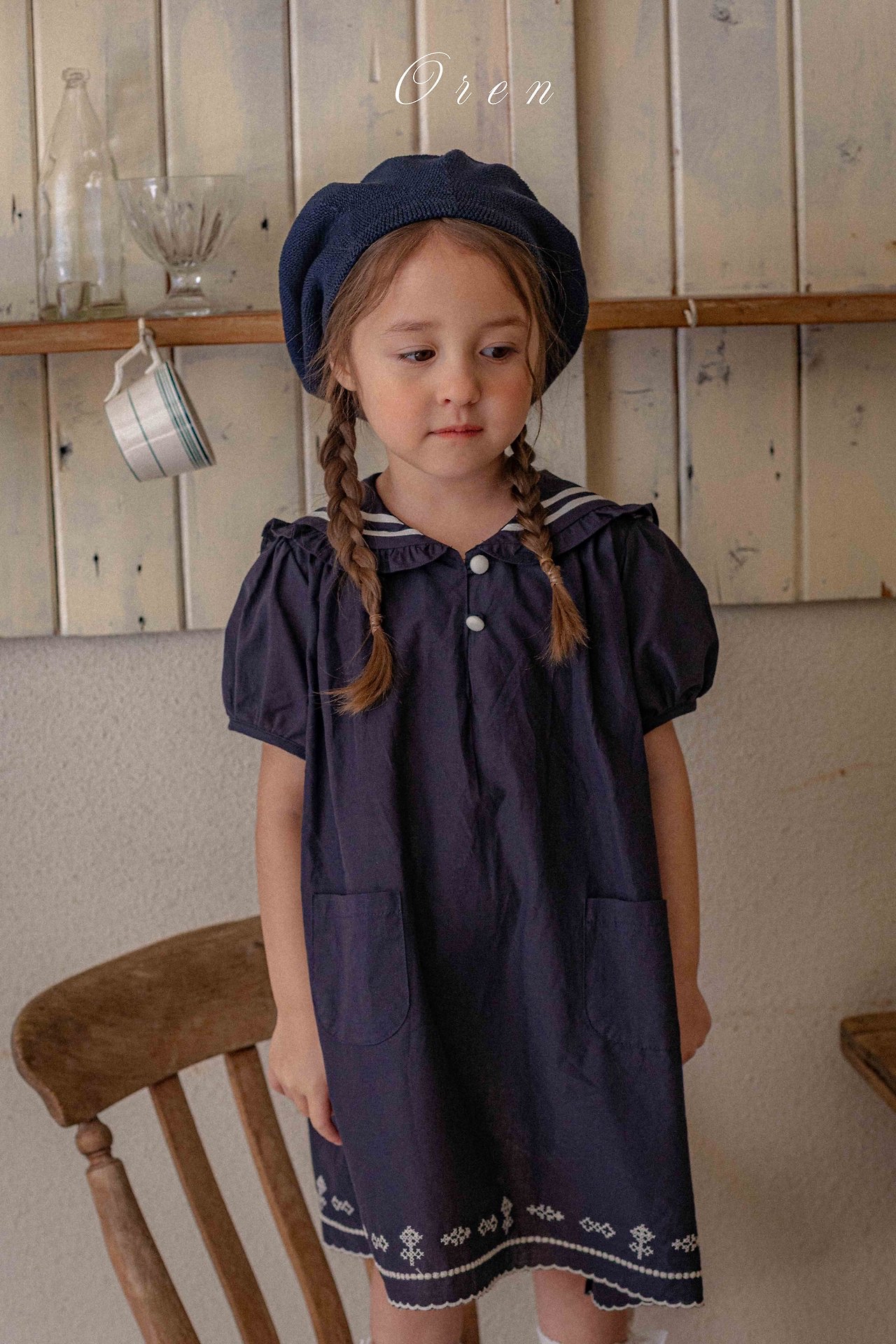 ☀️預訂 韓國直送☀️🇰🇷Oren Marinette兩色海洋風水手領刺繡短袖包屁衣/連身裙/上下套裝