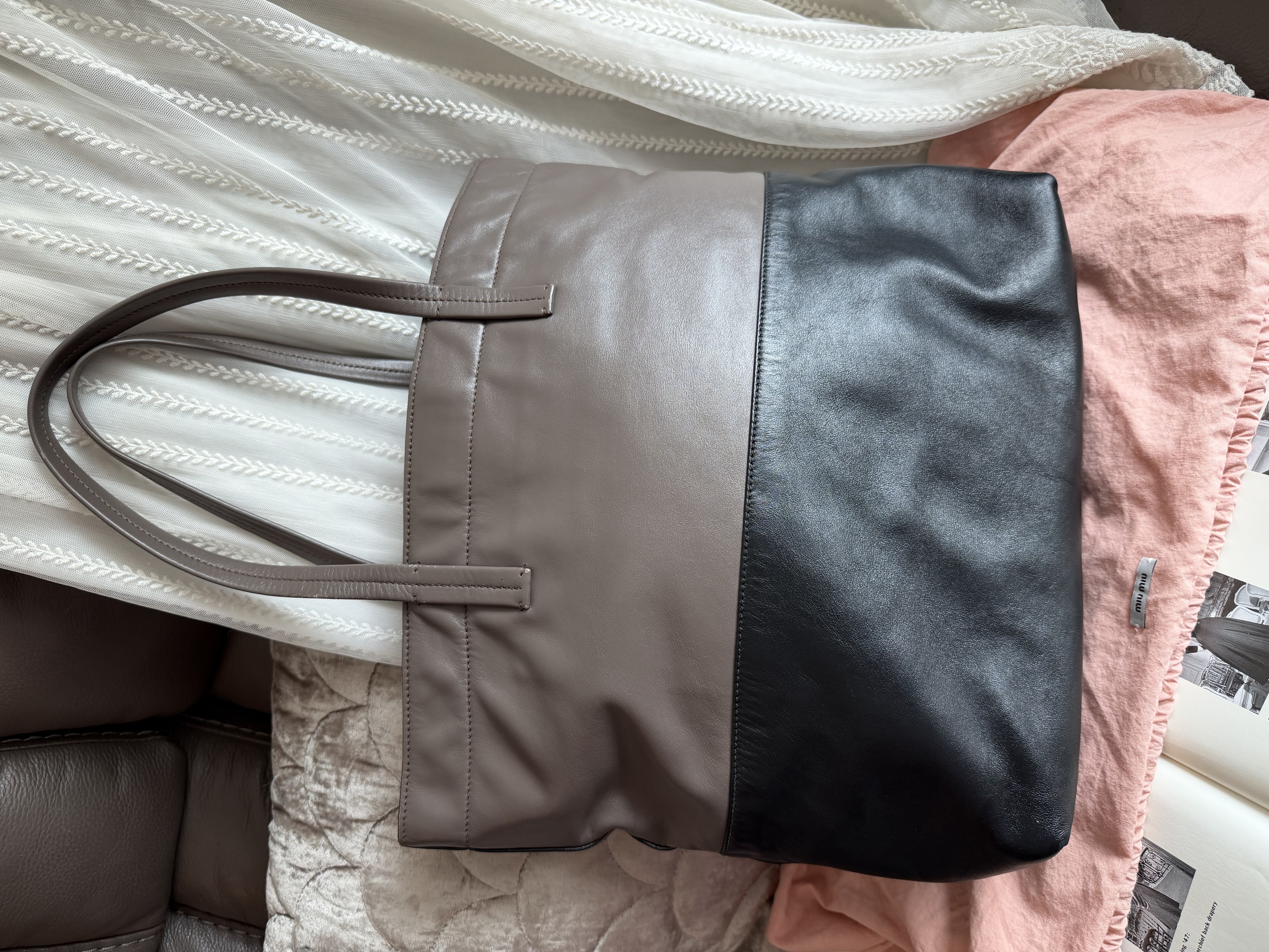 Miu miu ivy black grey leather tote bag
