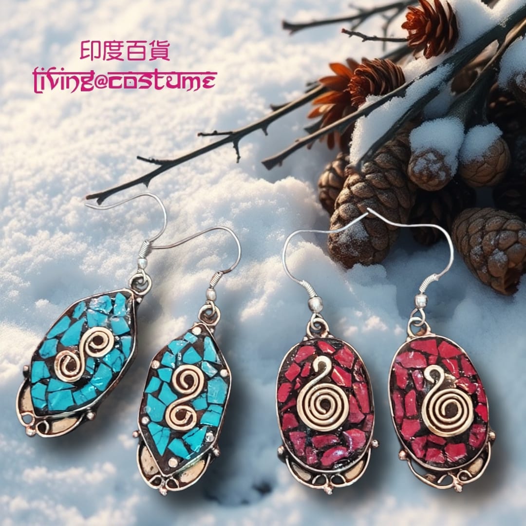 印度黃銅彩石拼貼耳環