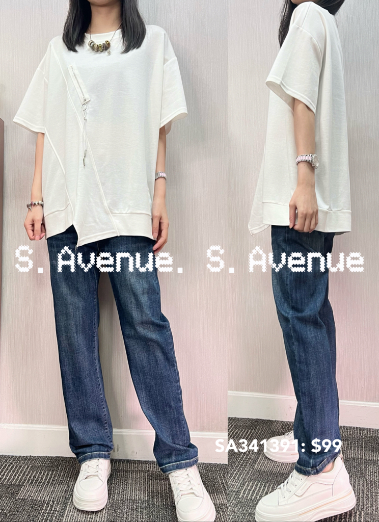 SA341391: 短袖前拉錬不規則腳鬆身tee