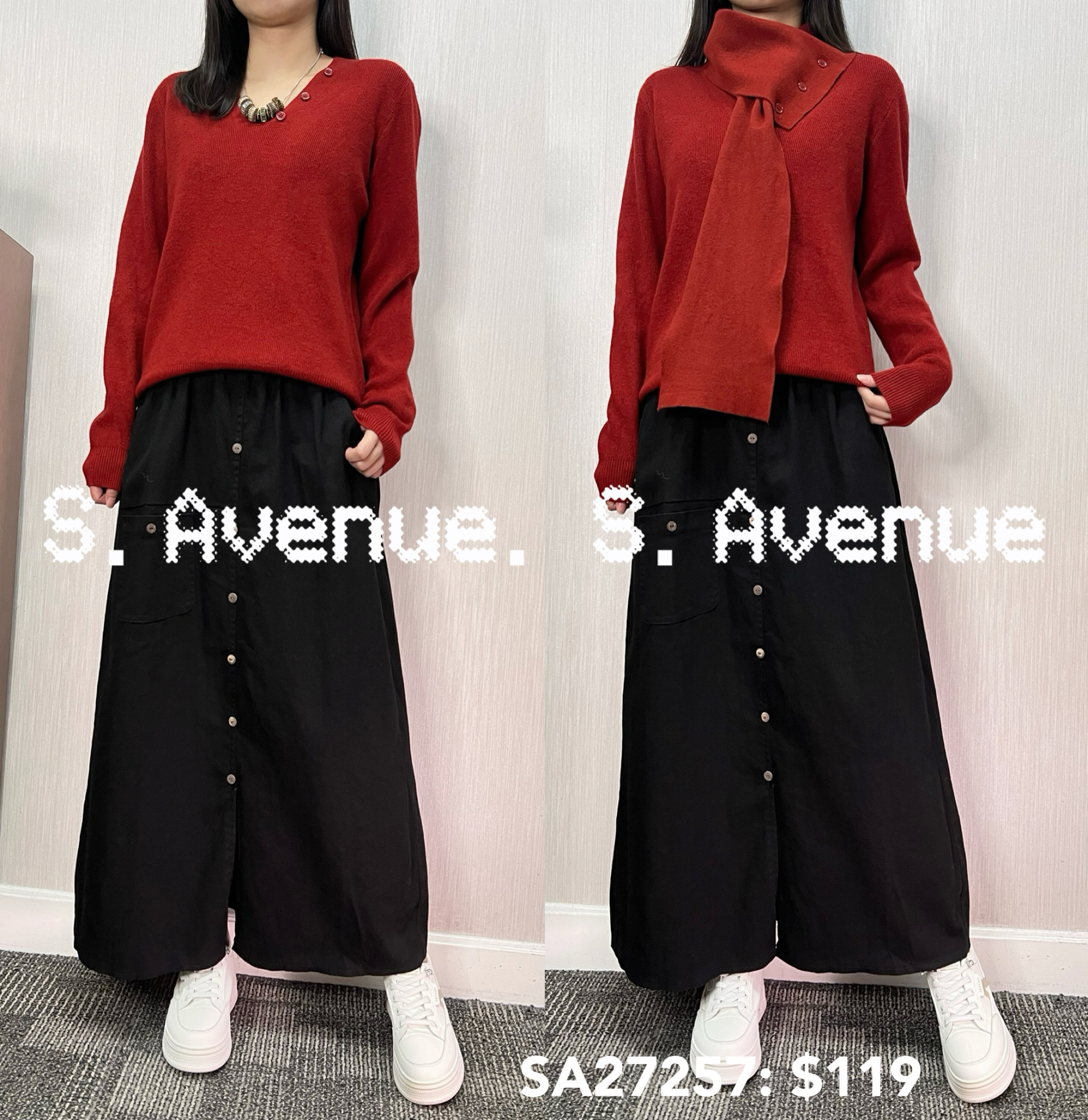 SA27257:長袖V領淨色冷top扣頸巾