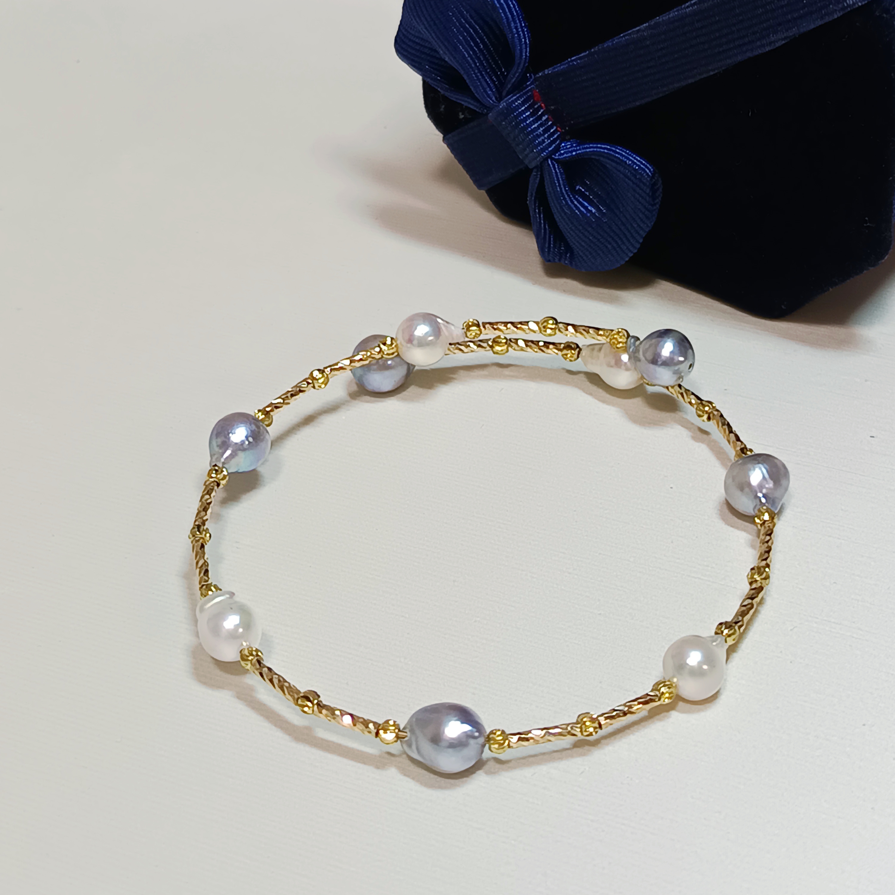 特價品‼️日本akoya+真多麻巴洛克海水珍珠注金彈力手圈