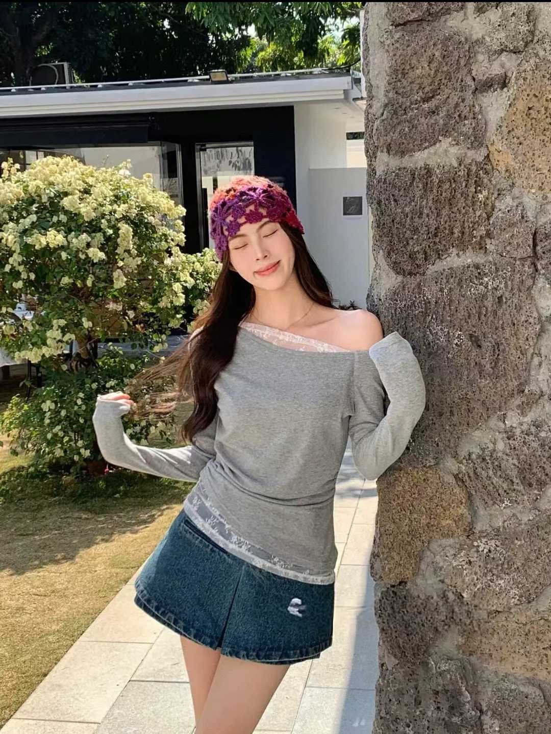 Off-Shoulder Lace Trim Fitted Top‖ 一字肩蕾丝拼接设计感长袖上衣 KR013735