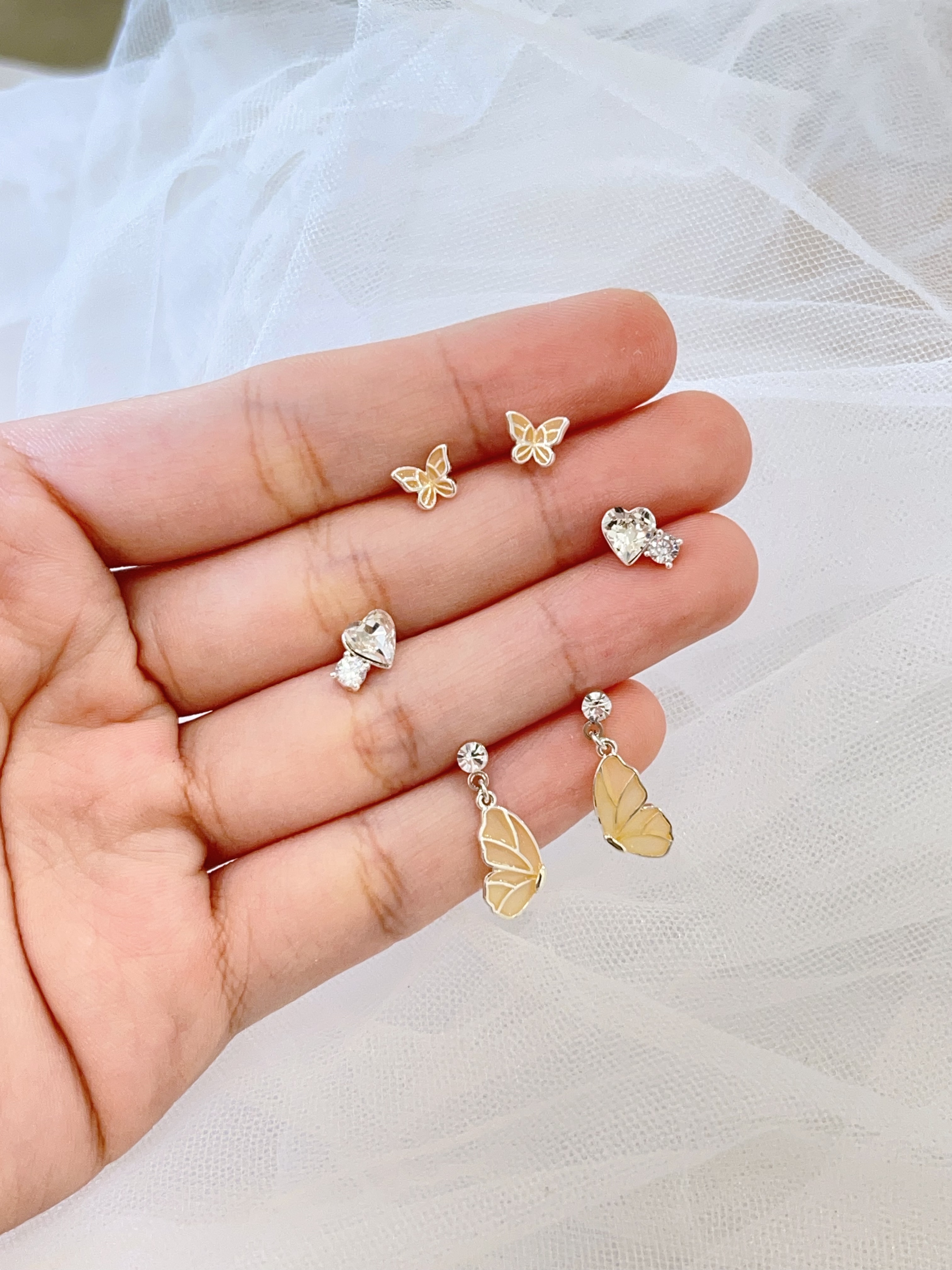 渐变蝴蝶爱心锆耳环套装