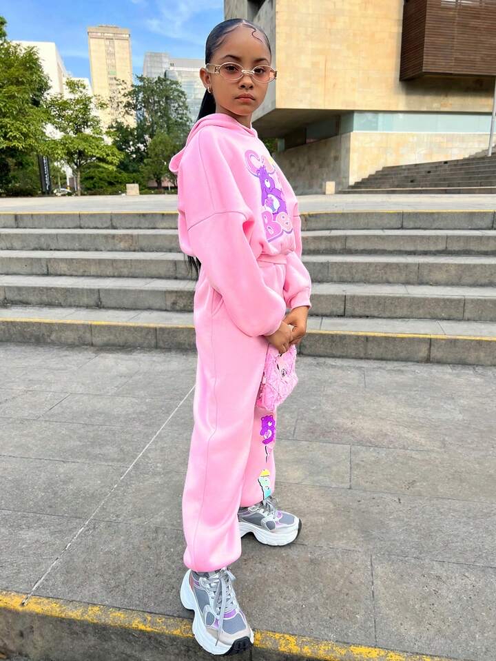 可愛熊兒童運動套裝 - 粉色卡通連帽衫及運動褲