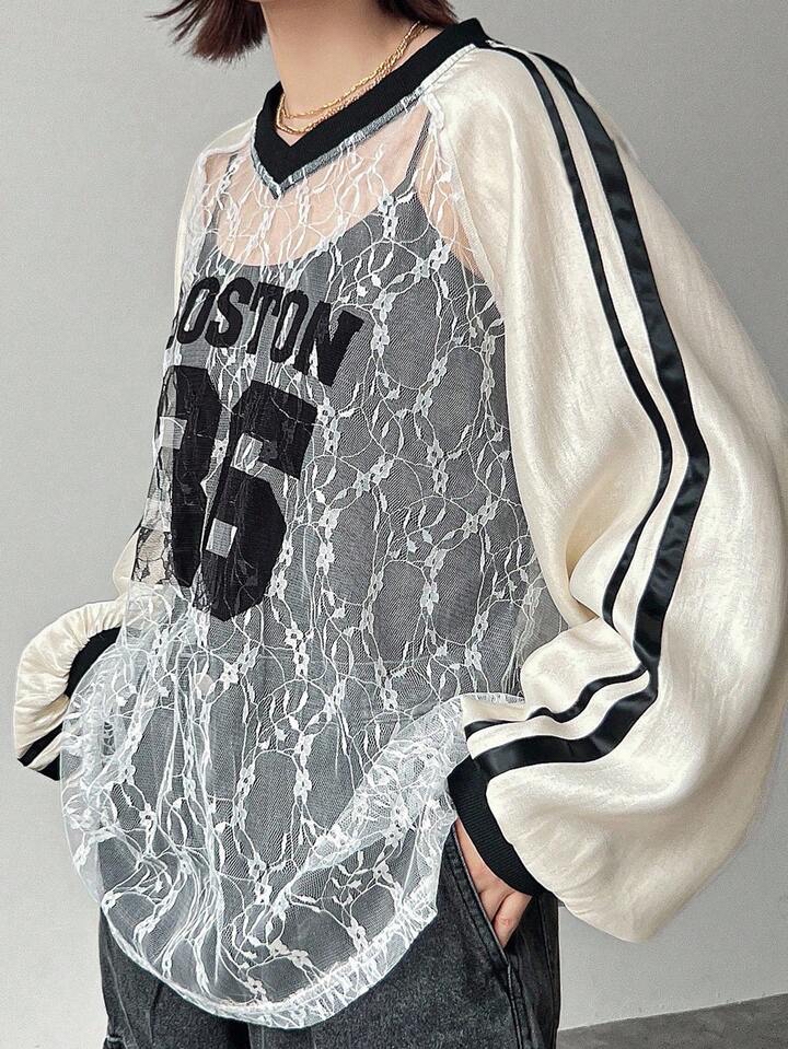 復古運動風數字印花薄紗上衣