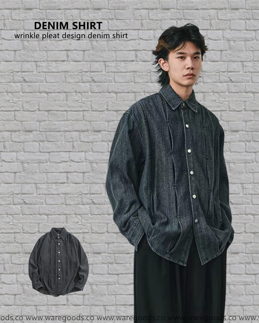 W0315復古打褶設計牛仔恤衫