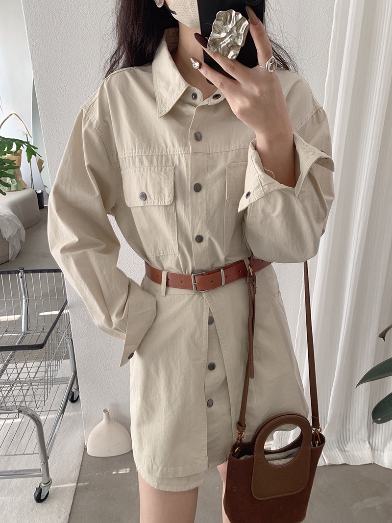 韩版复古宽松单排扣长袖衬衫+高腰屁帘套装