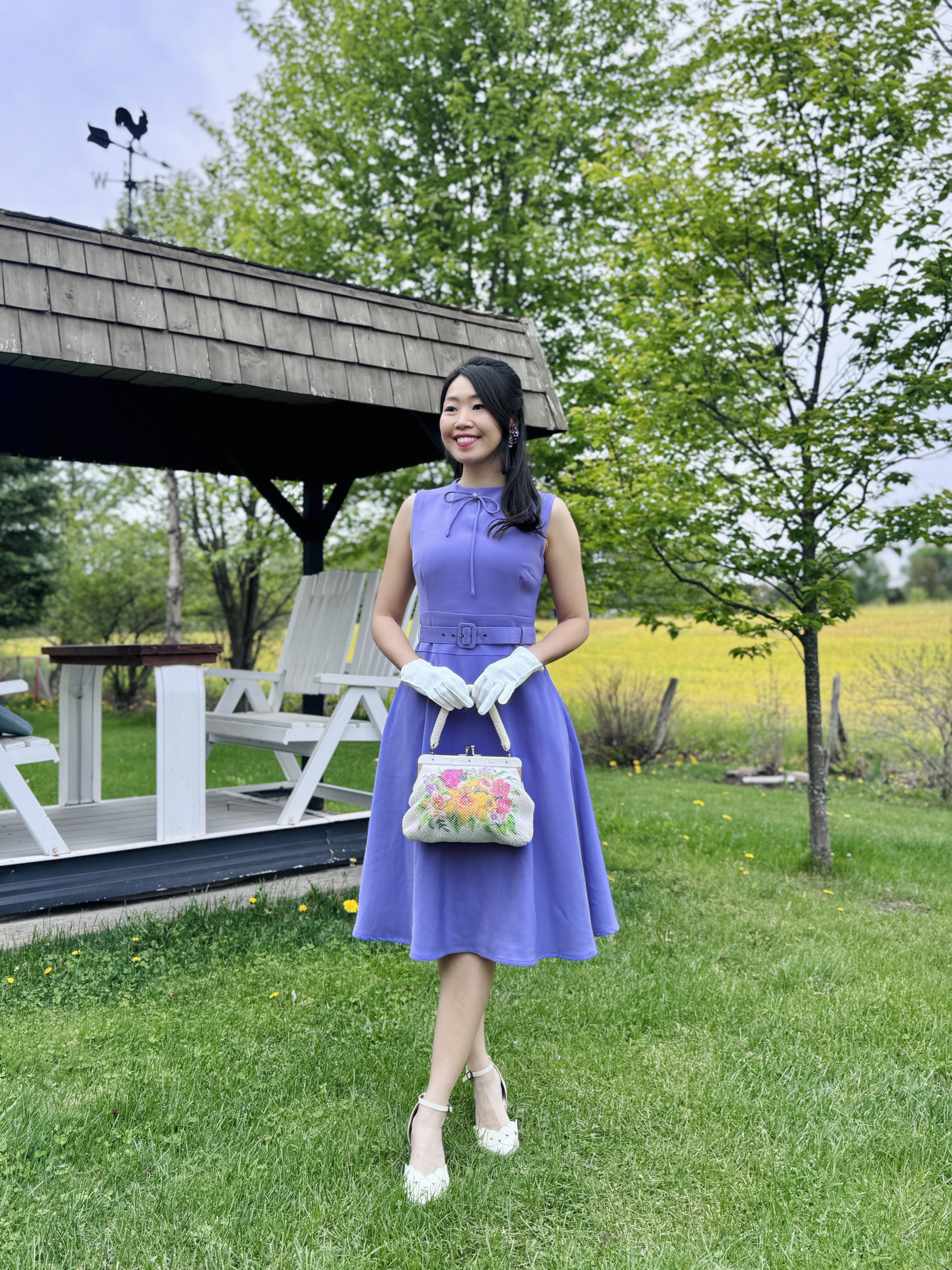 (Ready-Made) 1950s Design Lavender Dream with belt and vintage button (FM211)