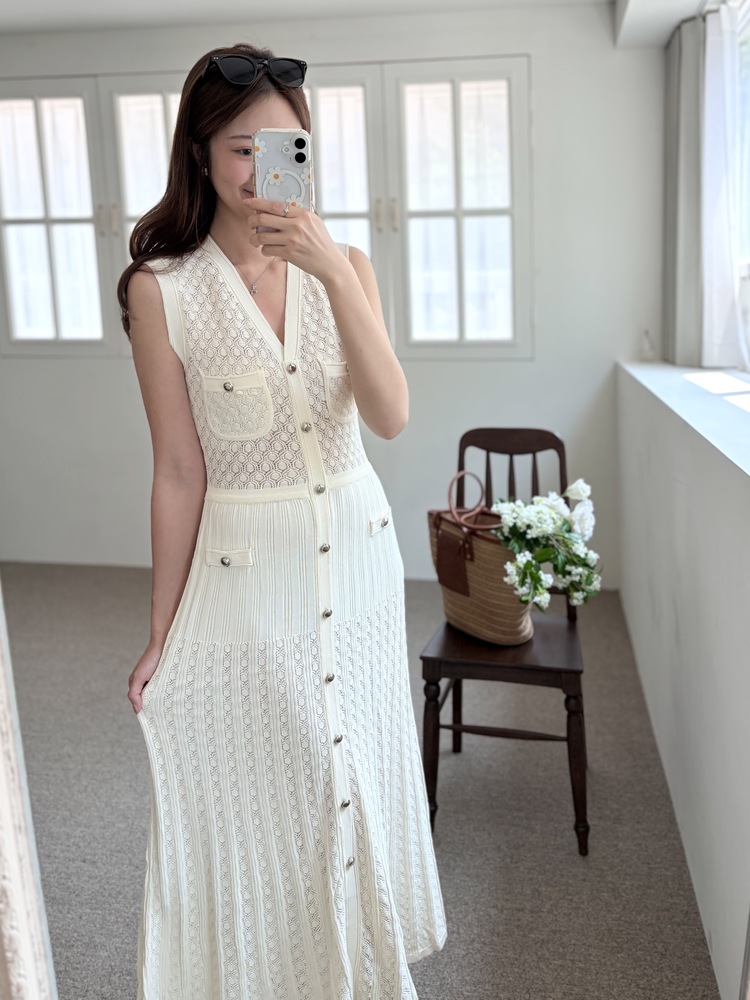 Buttoned Crochet Knit Dress (Ivory)