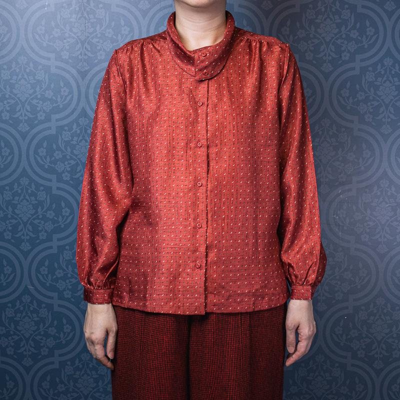 Vintage 1970s/80s Patterned Orange Silk Like Blouse with Rollover Collar - Size M/L up