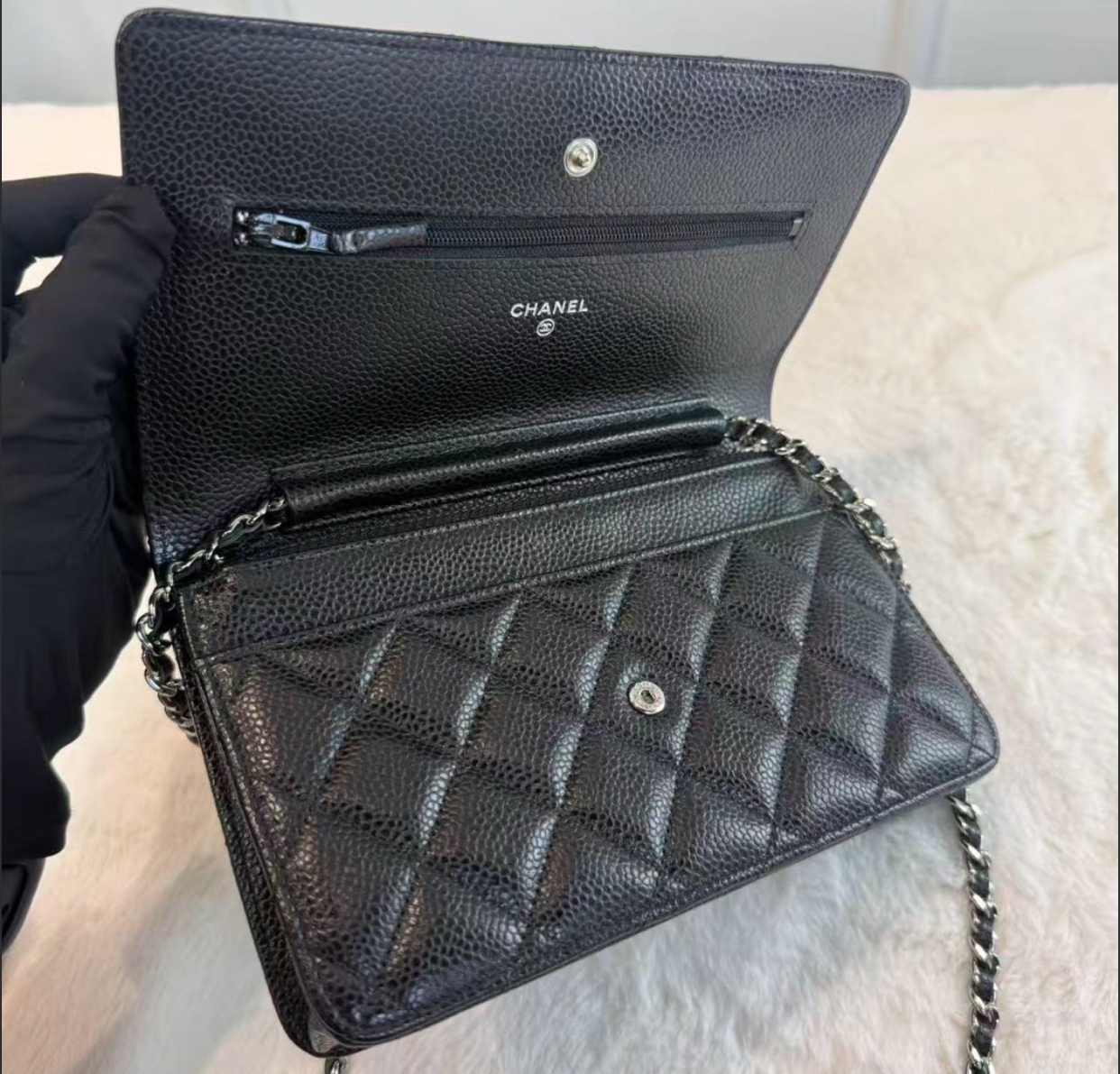 CHANEL/香奈兒 WOC發財包口蓋包 黑色銀logo 荔枝紋牛皮 菱格皮穿鏈  經典款鏈條包麻將包單肩包 女款