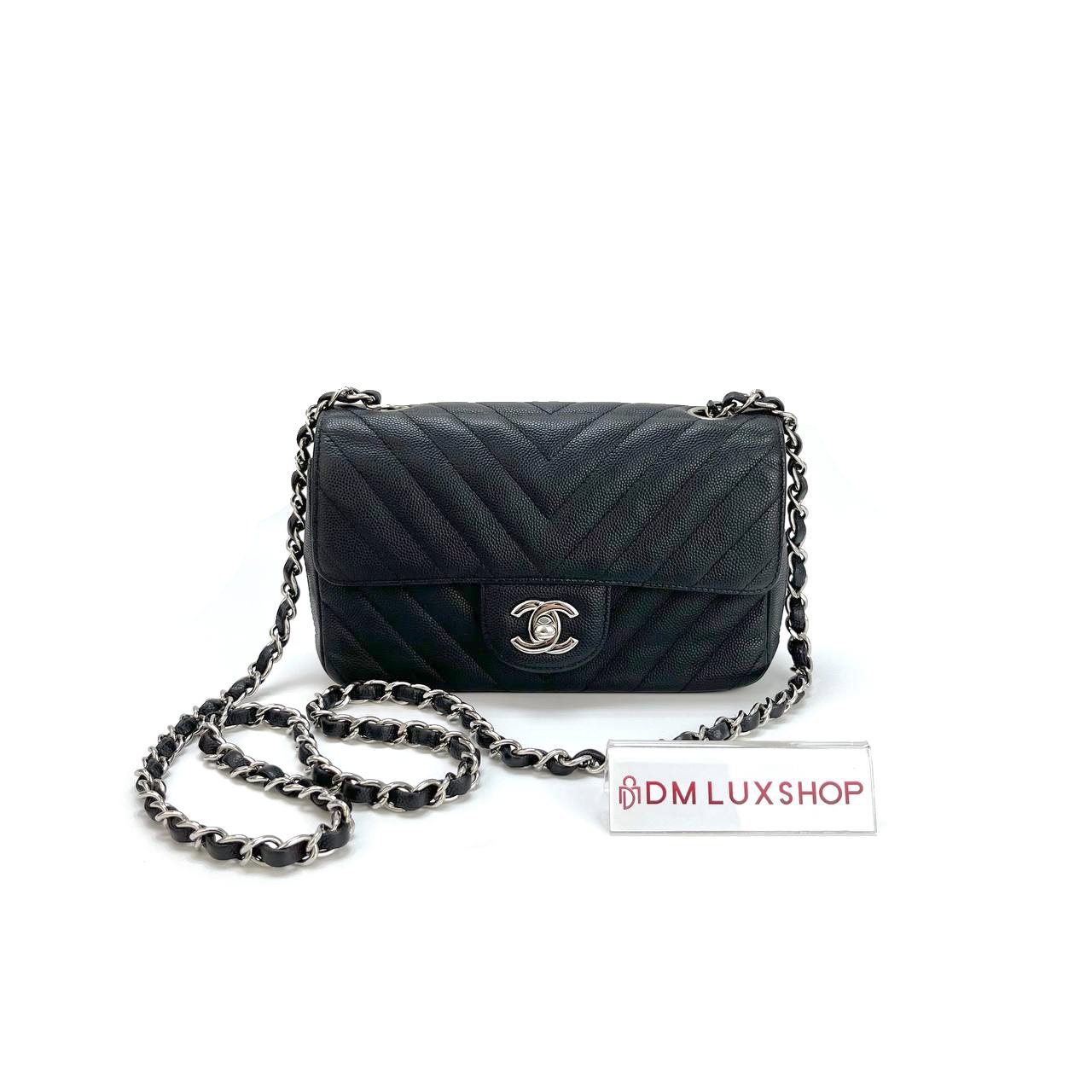 Chanel Black Caviar Chevron Mini Rectangular CF SHW (Serial 25, Y: 2018)