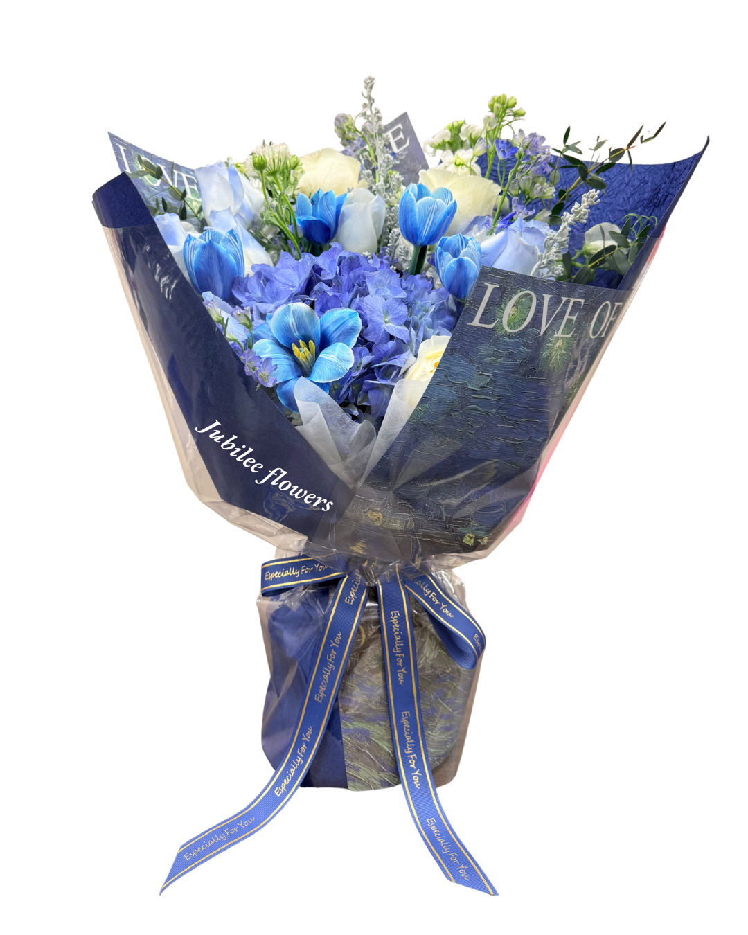 藍色鬱金香繡球花束 