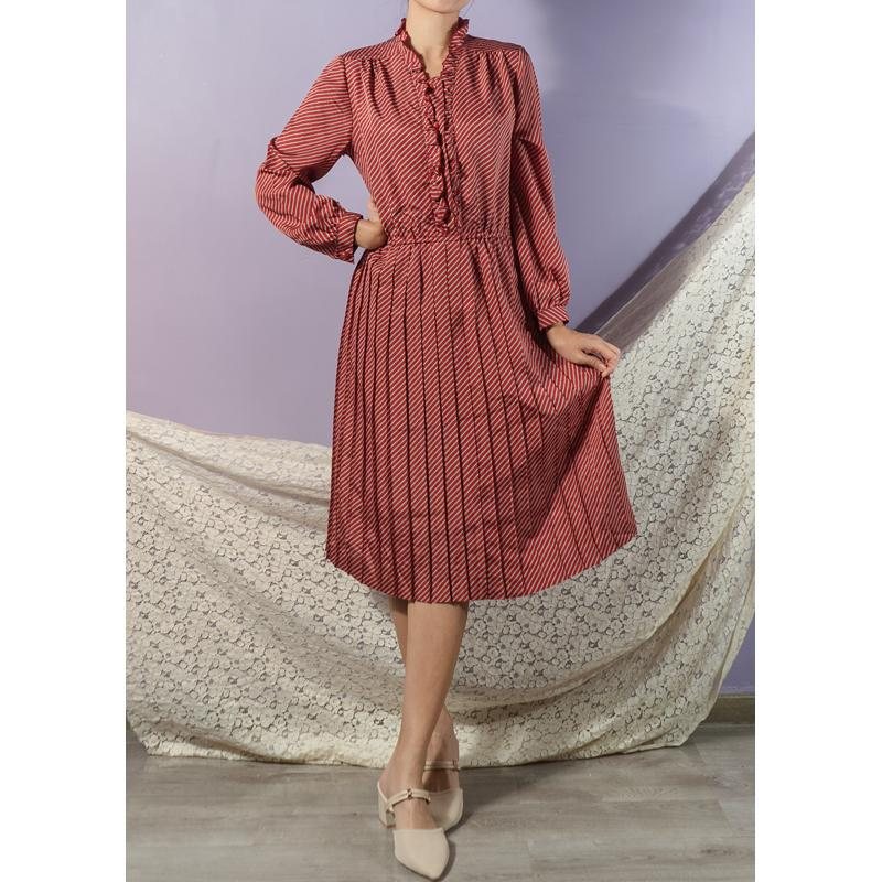 Vintage Japanese Striped Ruffle Trim Elegant Day & Night Pleated Dress (MT1608-143)