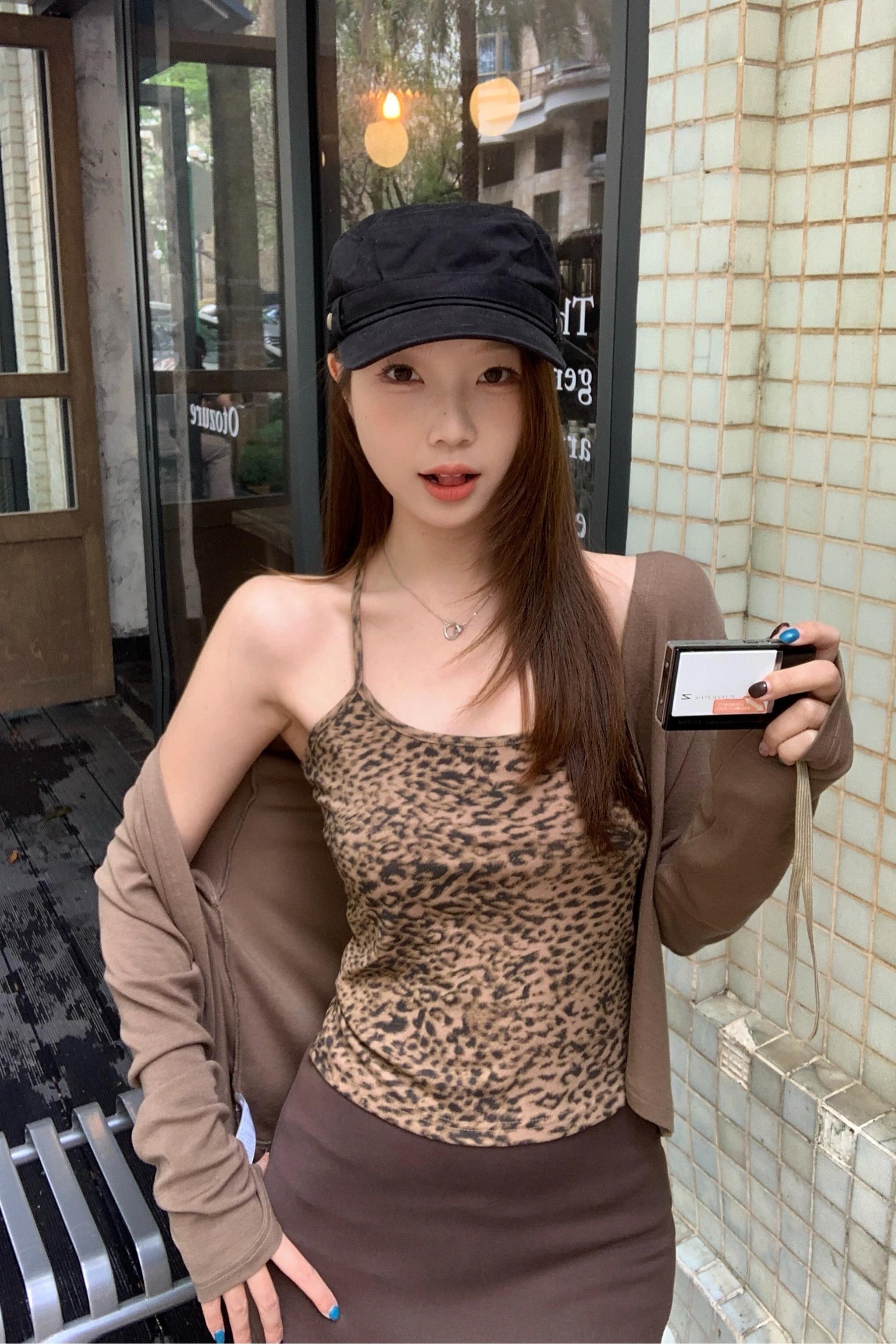 B142(9003) 美式辣妹豹纹吊带与开衫咖两件套上衣