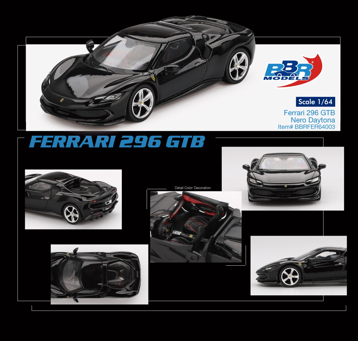 BBR Models 1/64 Ferrari 296 GTB Nero Daytona  - BBRFER64003