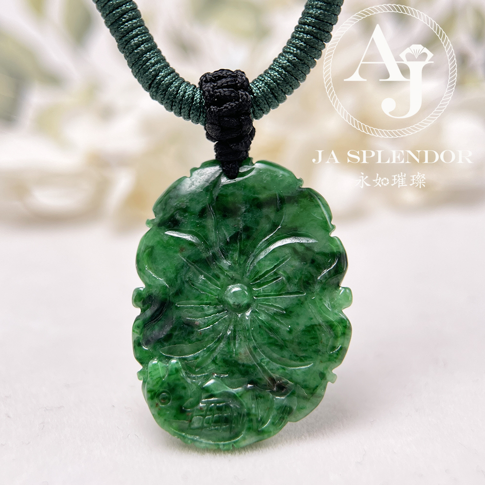 JNS-114 天然翡翠A玉 花青辣綠荷葉魚吊墜
