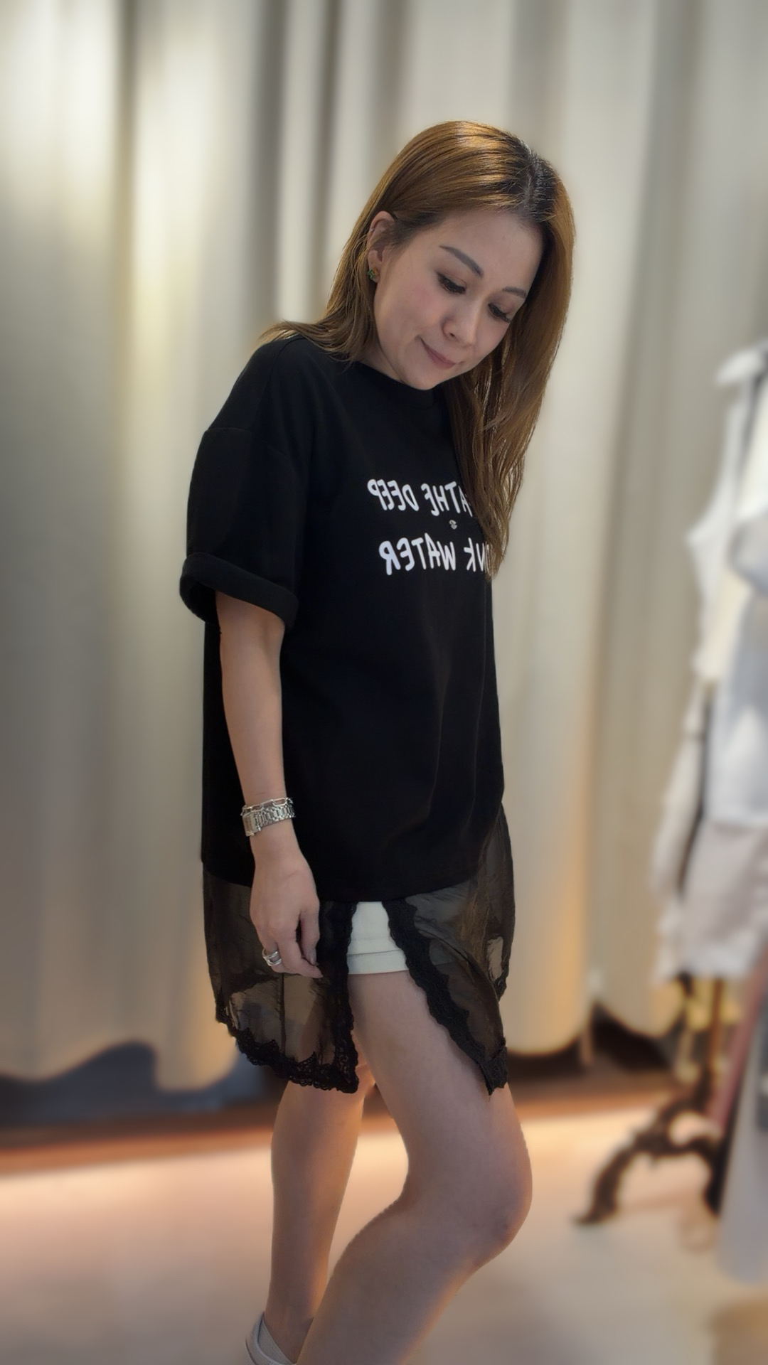 NEW寬鬆字母印花網紗喱士邊T恤