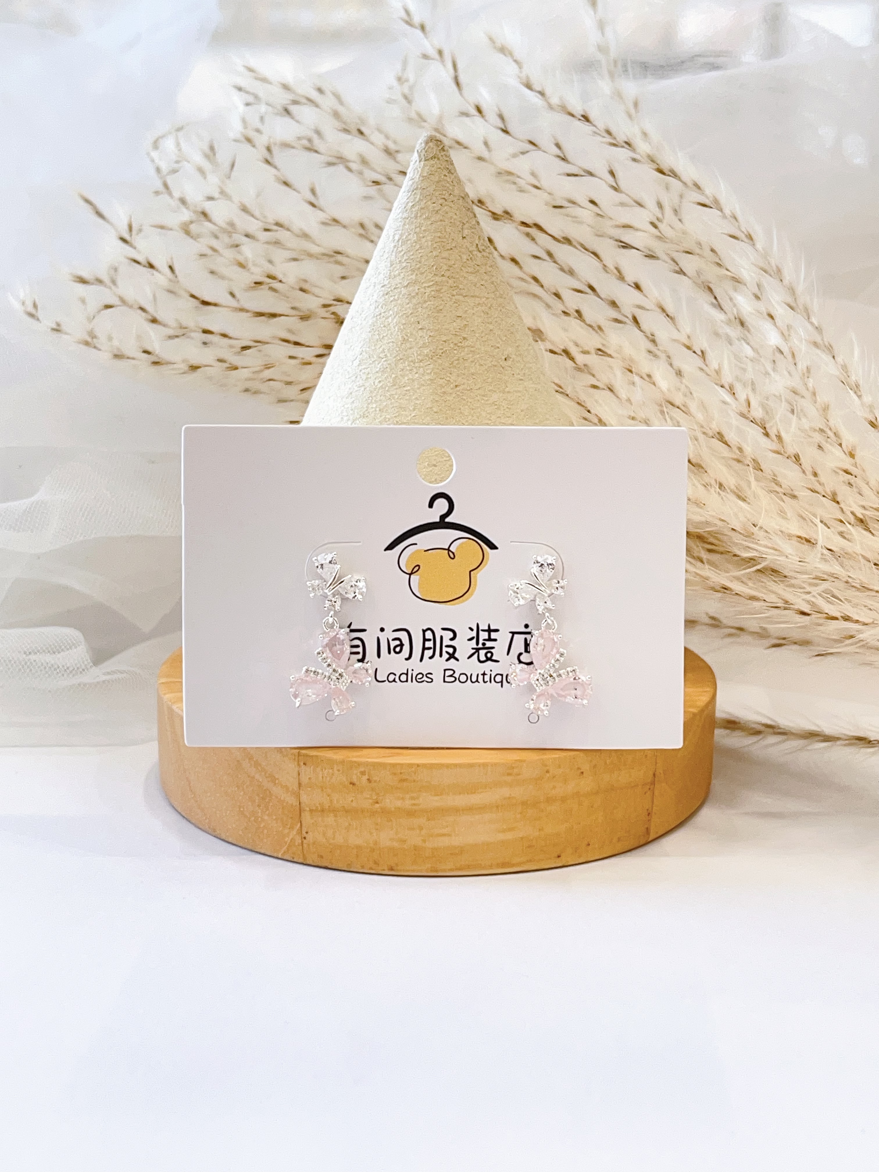 银色锆石双层蝴蝶水钻耳环