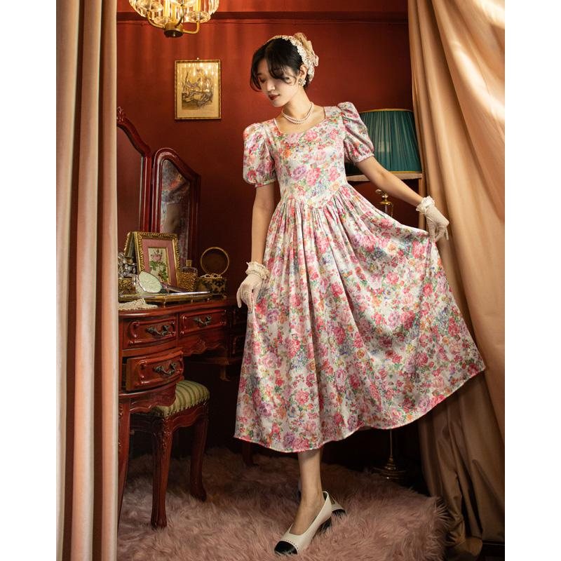 Vintage 1980s Romantic Pink Rose Princess Ankle Length Dress(MT1027)