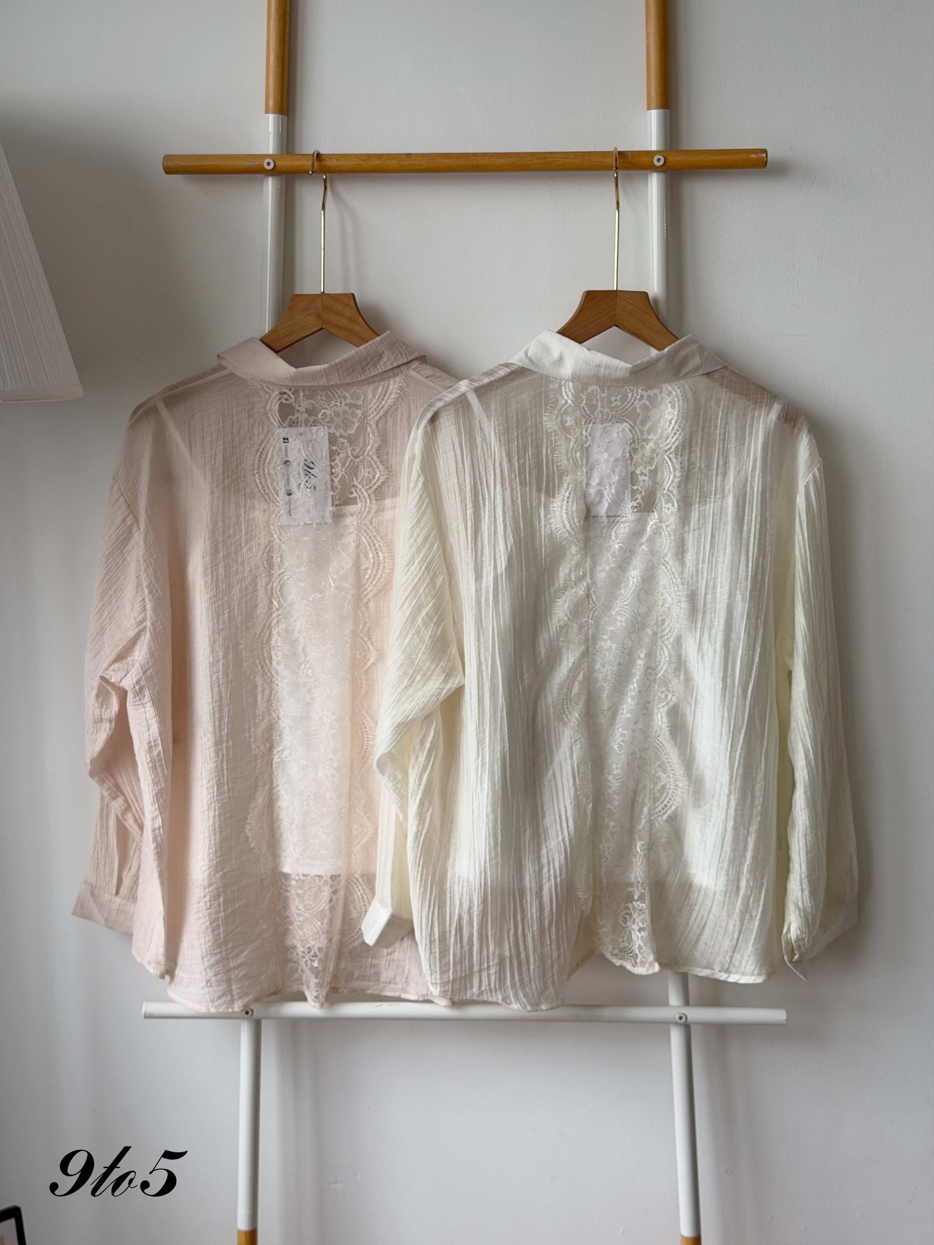 T4459 Long Sleeve Semi-sheer Shirt - Cream & Pink