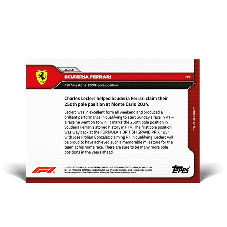 Scuderia Ferrari - 2024 F1 Topps NOW® #22 Monaco GP F1第250次Pole卡｜PR 2,066
