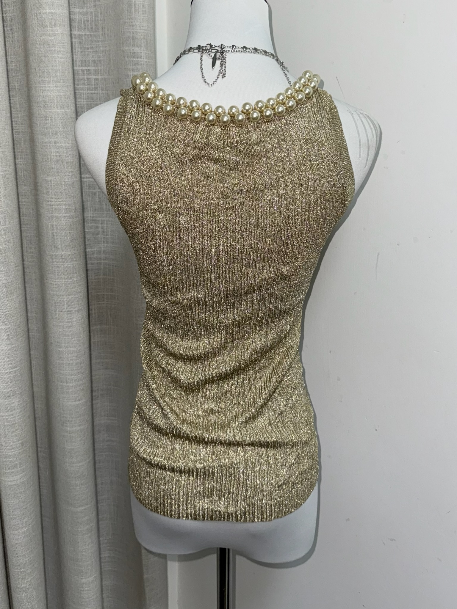 Vintage Gold Metallic Ribbed Sleeveless Top with Faux Pearl Neckline
