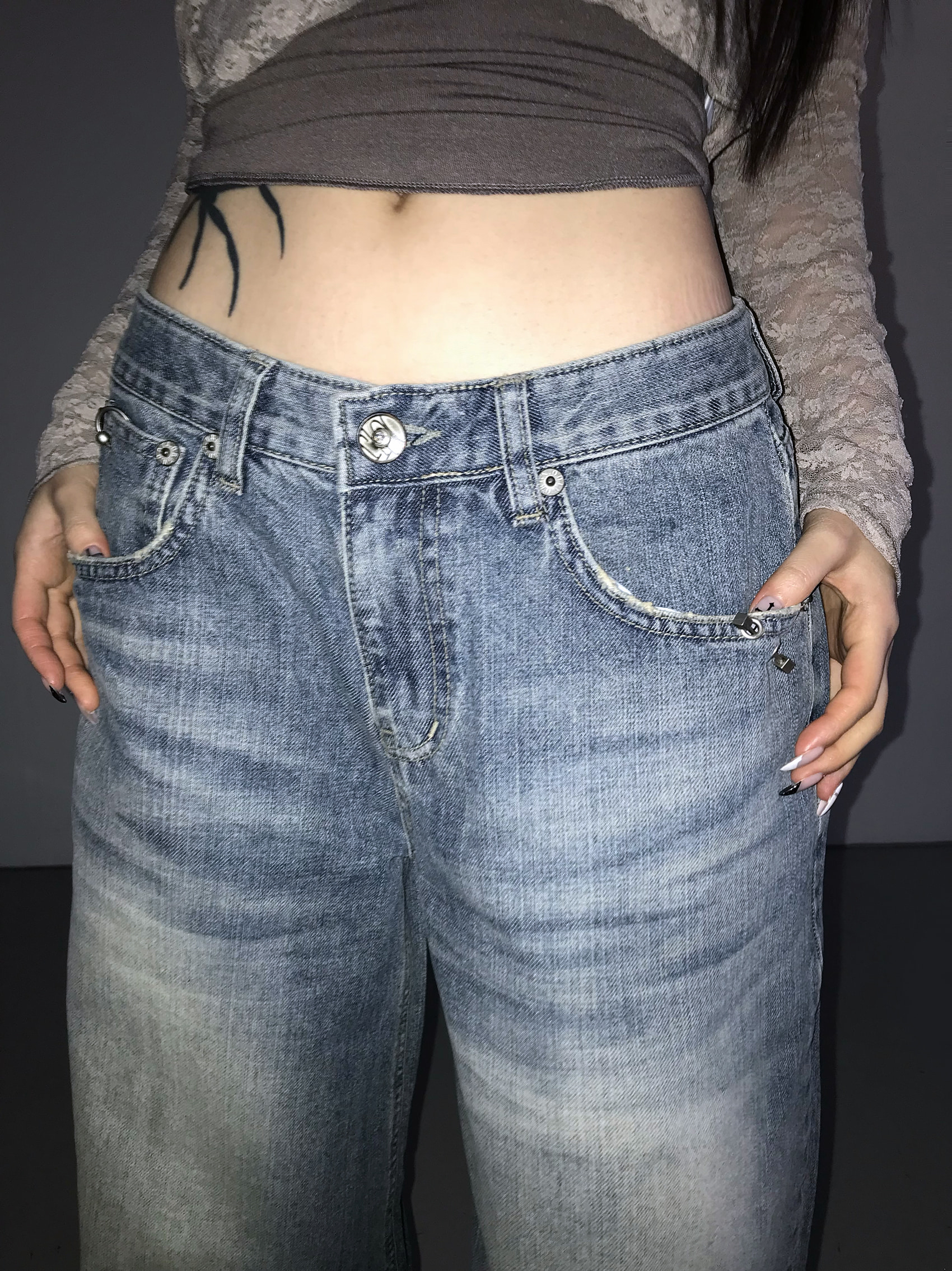 Metal Hook Washed Wide-Leg Denim