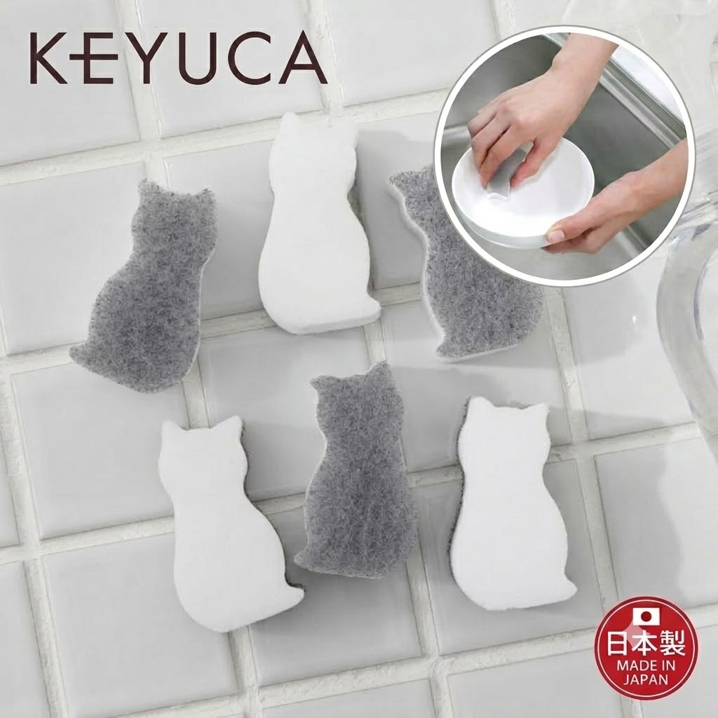 【現貨】🔥🔥【日本製《KEYUCA》可愛貓咪雙面免洗劑不織布海綿 6件裝】