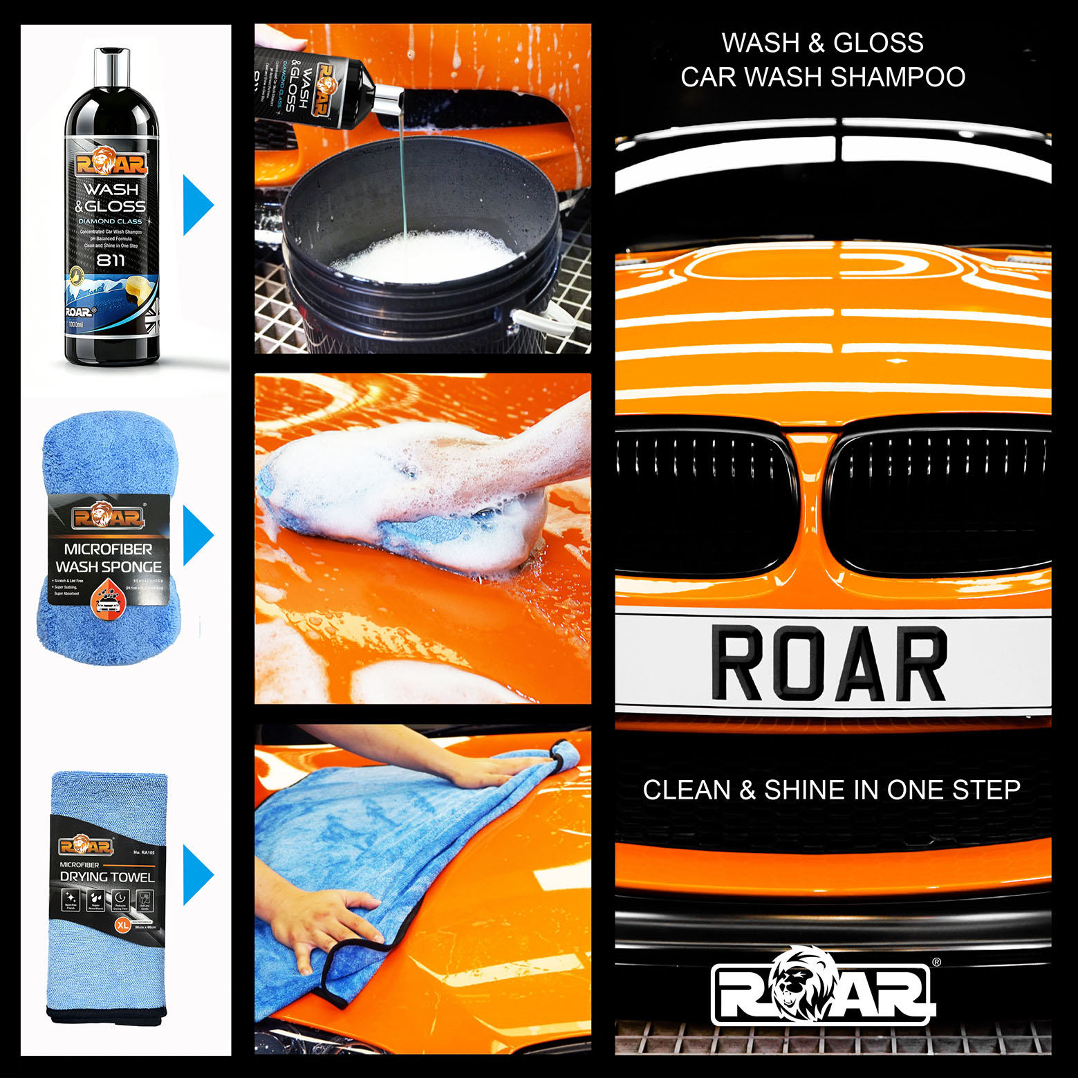 ROAR 激亮洗車組合 (洗車液/洗車海綿/大型吸水布）