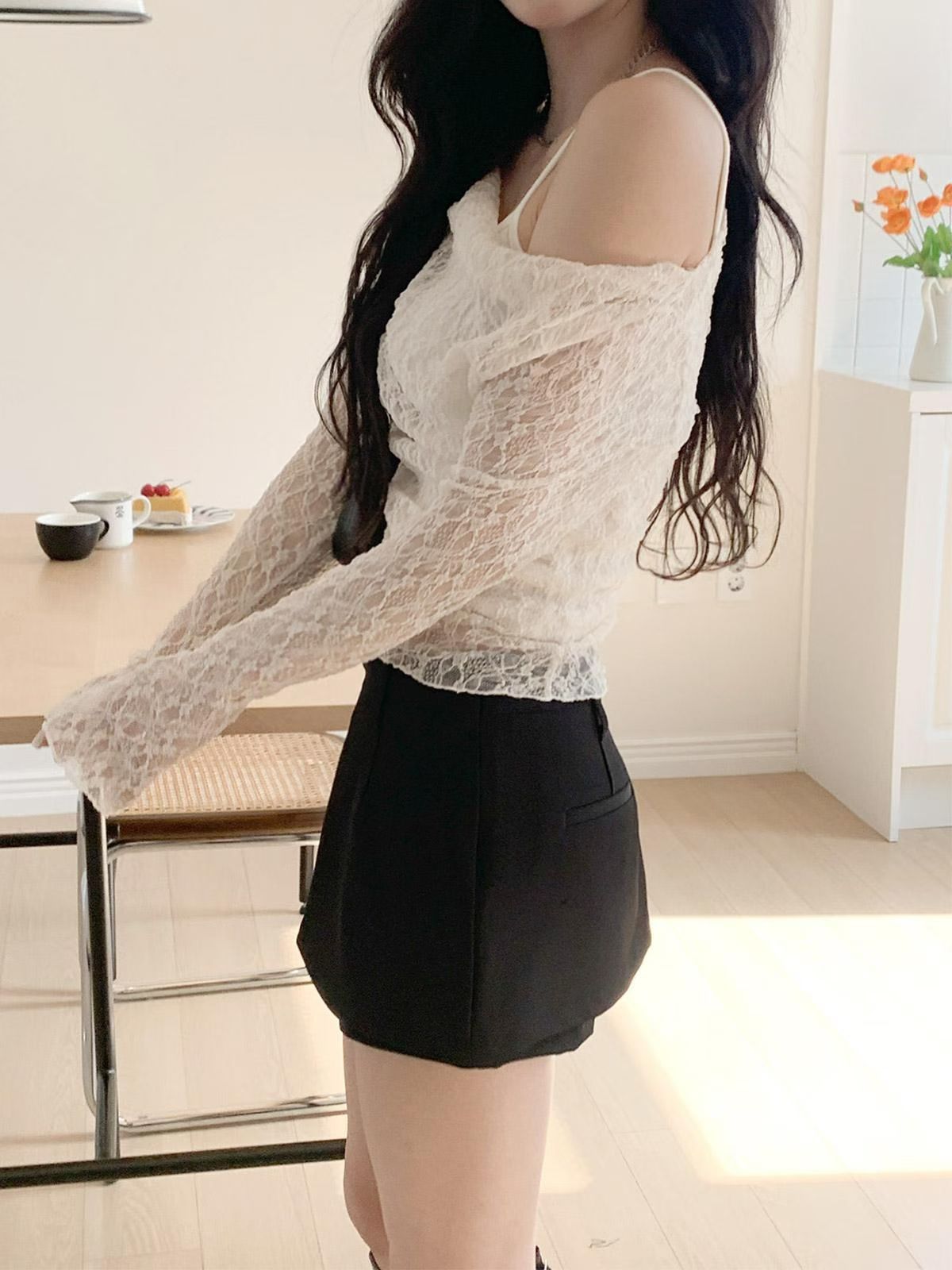 【機心款式】透膚喱士露肩兩件套上衣