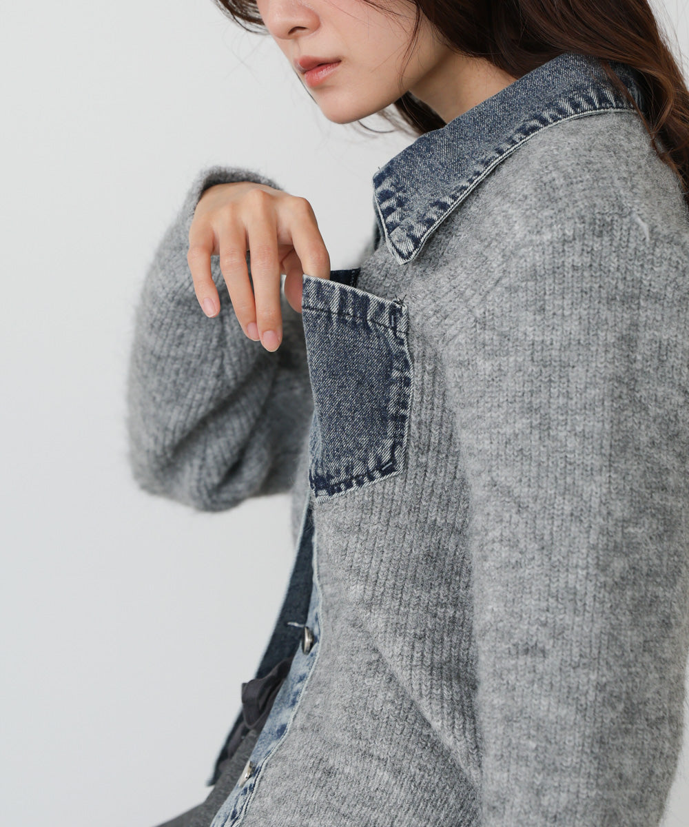 <限量現貨><JP> 新色加入！時尚設計感～牛仔布拼 Knit Cardigan* 2色入